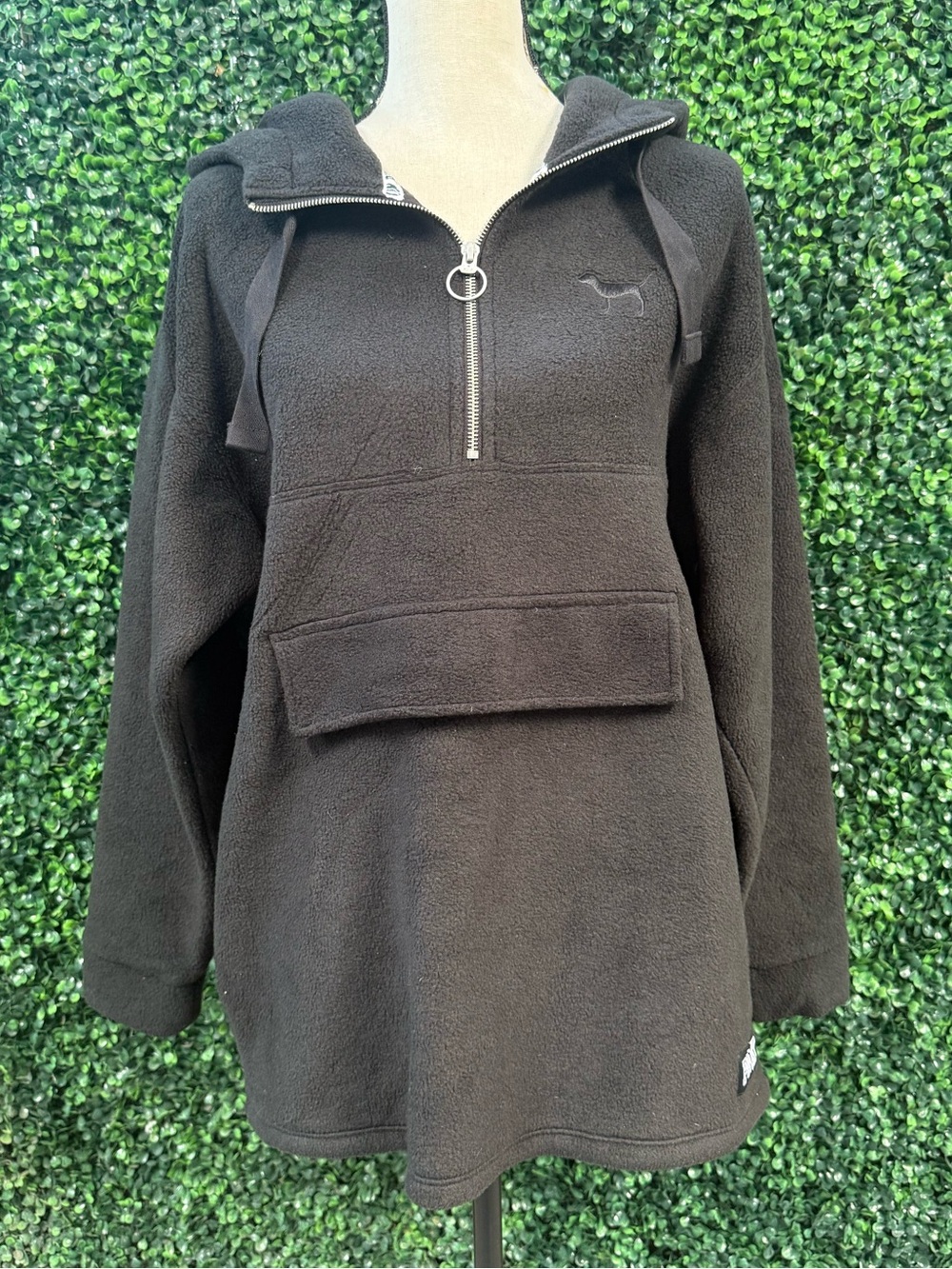 PINK Black Fleece Half-Zip Hoodie with Kangaroo Pocket / side pockets